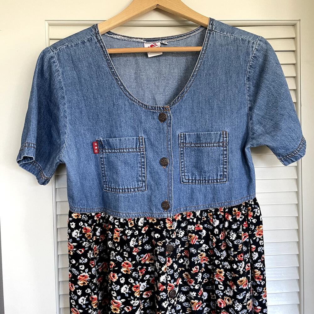 VTG 90s No Boundaries Button Down Floral + Denim Babydoll Dress M Grunge Cottage - Picture 5 of 11